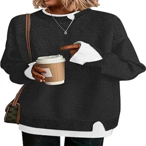 Close-up detail of the casual oversized fake two-piece knitted sweater with layered collar.