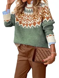 Close-up detail of women's colorblock knit sweater, cozy long sleeve pullover for winter.