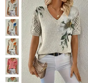 Women V-neck Hollow Knit Sweater Bohemian Floral Print Short Sleeve Pullover Top