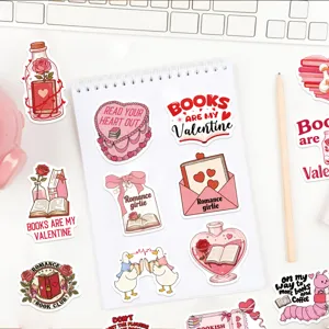 Waterproof bookish sticker set with romantic pink designs for journal decoration and DIY crafts.