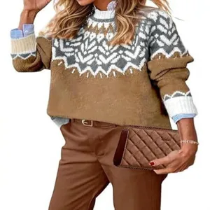 Trendy women colorblock crewneck knit sweater with cozy long sleeves and geometric patterns.
