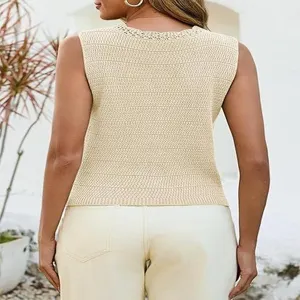 Women's beige sleeveless knit tank top summer casual solid color crochet pullover vest