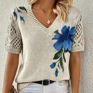 Detailed view of women's chic floral knit V-neck short sleeve top with stylish hollow-out sleeves.