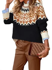 Detailed view of the women's colorblock knit sweater with layered striped cuffs and collar.