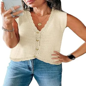 Detail view of a women's casual sleeveless v-neck knit vest with buttons, perfect for summer.