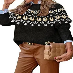 Detail view of women round neck color block loose pullover knit sweater with stylish pattern.