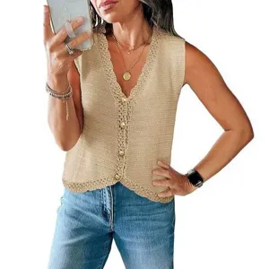 Women sleeveless V-neck knit sweater vest summer casual button down crochet crop top chic
