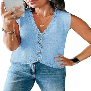 Women's light blue V-neck knit button-down vest sleeveless casual summer chic crochet top