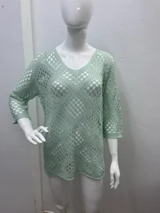 Women casual spring summer v-neck diamond hollow batwing sleeve knit sweater coverup green