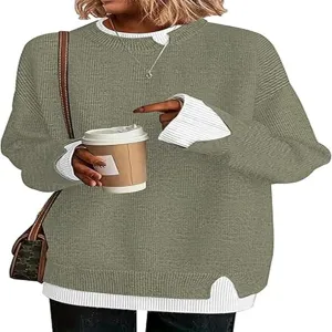 Detailed view of a casual women's fake two-piece knitted sweater in greyish green.