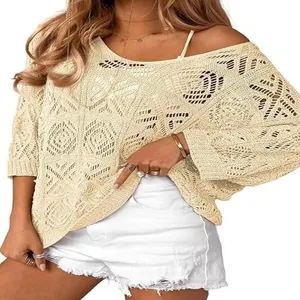 Womens Crochet Hollow Out Pullover Sweater 3/4 Sleeve Batwing Knitwear Casual Tops