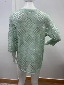 Back view detail of women mint green hollow out knit sweater, diamond pattern, batwing sleeve.
