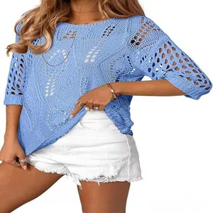 Close up view of the hollow out crochet knit top sleeve detail, soft texture and breathable.