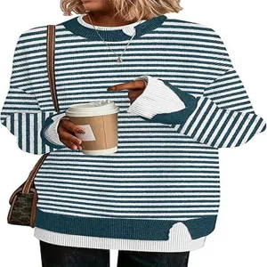 Blue and white striped knit sweater with fake two-piece collar, loose pullover top.