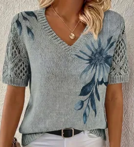 Light blue floral V-neck knit top with hollow out short sleeves, elegant pullover sweater.