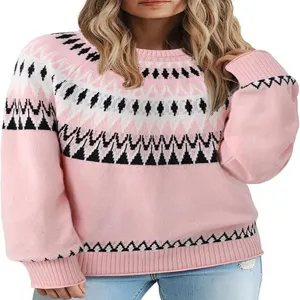 Detailed view of women pink round neck knit sweater featuring classic geometric fair isle pattern.