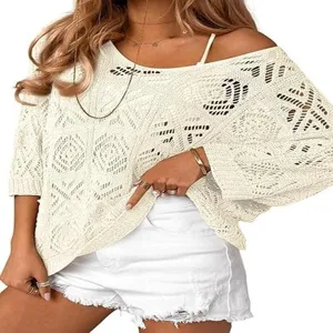 Women Summer Casual V-Neck Hollow Out Loose Half Sleeve Knit Sweater Beach Cover Up Top