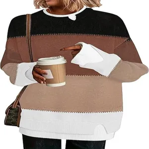 Detailed view of a color-block sweater featuring a stylish fake collar design and comfortable fit.