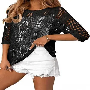 Women hollow out crochet knit top half sleeve summer beach cover up black pullover sweater