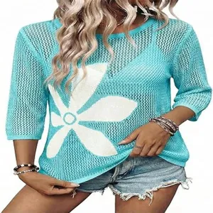 Maglione traforato turchese donna manica 3/4 girocollo motivo floreale top casual