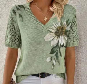 Green floral knit V-neck short sleeve top with hollow-out design for women fashion style.
