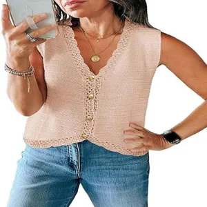 Women's summer V-neck crochet knitted vest, casual sleeveless button-down crop top sweater.
