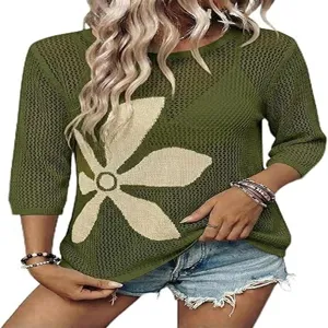 Donna maglia traforata verde oliva maniche 3/4 girocollo grande fiore top casual estivo.