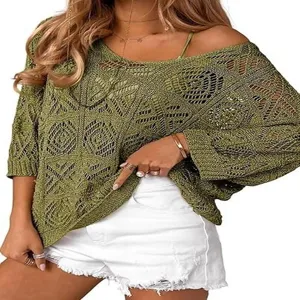 Olive green crochet hollow out knit sweater with batwing sleeves and casual style.