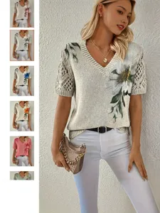 Women's V-Neck Short Sleeve Knit Sweater Bohemian Floral Printed Pullover Summer Top