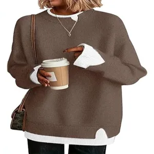 Women Casual Fake Two Piece Knit Sweater Long Sleeve Pullover Tops Fall Fashion Chic