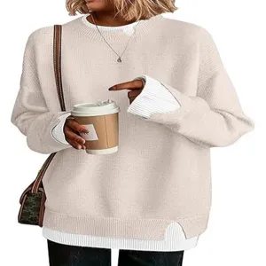 Casual loose long sleeve double layer fake collar knit sweater pullover top for women