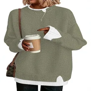 Women fake two-piece knit sweater loose pullover crew neck casual long sleeve green top