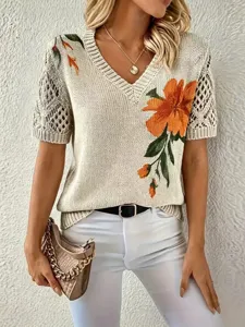 Women's Floral Embroidered V-Neck Short Sleeve Knit Top Casual Elegant Pullover Sweater