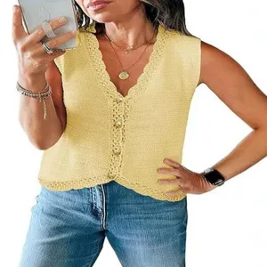 Women summer casual sleeveless V-neck knit vest cardigan button down short top chic