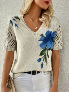 Women v-neck floral print knit top short sleeve casual elegant sweater fashion pullover