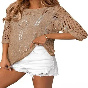 Women crochet hollow out knit top summer casual half sleeve beach sweater cover up top.