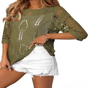 Women's Crochet Hollow Out Knit Top Half Sleeve Summer Beach Cover Up Sweater.