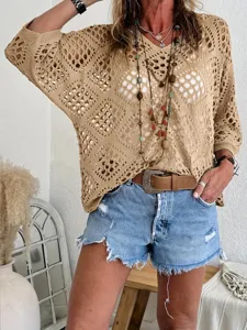 Women's V-Neck Hollow Knitted Batwing Sleeve Sweater Casual Summer Beach Cover Up Top