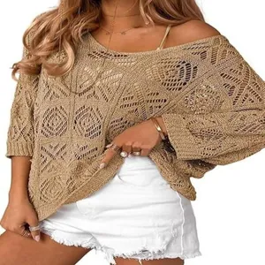 Women hollow out crochet knit sweater half sleeve loose casual pullover top summer.