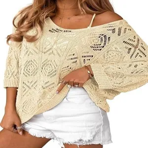 Beige crochet hollow out 3/4 sleeve pullover sweater for women, spring summer casual knitwear.