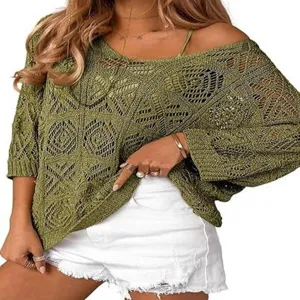 Women's Hollow Out Crochet Pullover Sweater Half Sleeve Batwing Knitwear Olive Green