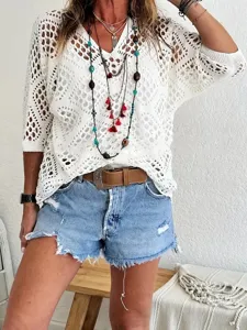 Women's V-neck hollow out batwing sleeve knitted pullover sweater summer casual top