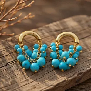 Boucles d'Oreilles Pendantes de Luxe Français Vintage Avec Tige en Argent Sterling 925 Cuivre Plaqué Or Perles Turquoise