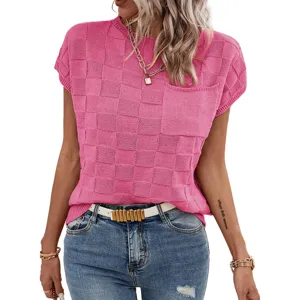Women's pink checkered knit short sleeve top casual commute stylish blouse for daily wear.