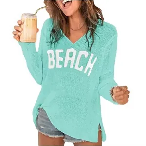 Pull en tricot col V pour femme vert menthe impression lettre de plage haut décontracté