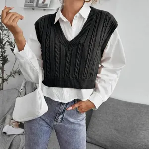 V-neck cable knit sweater vest for women, casual sleeveless pullover top for daily wear.