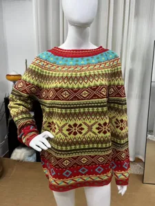Damen bunte nordische geometrische Muster Strickpullover Freizeit Rundhals Pullover