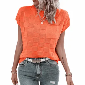 Orange checkered knitted casual women top with pocket short sleeve elegant commute fashion wear