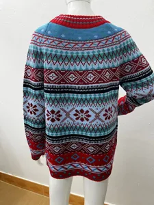 Damen bunter nordischer Strickpullover, lässiger Rundhalsausschnitt langarm Winter Pullover.