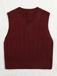 Burgundy V-neck cable knit sweater vest, sleeveless pullover top for women, classic winter fashion.